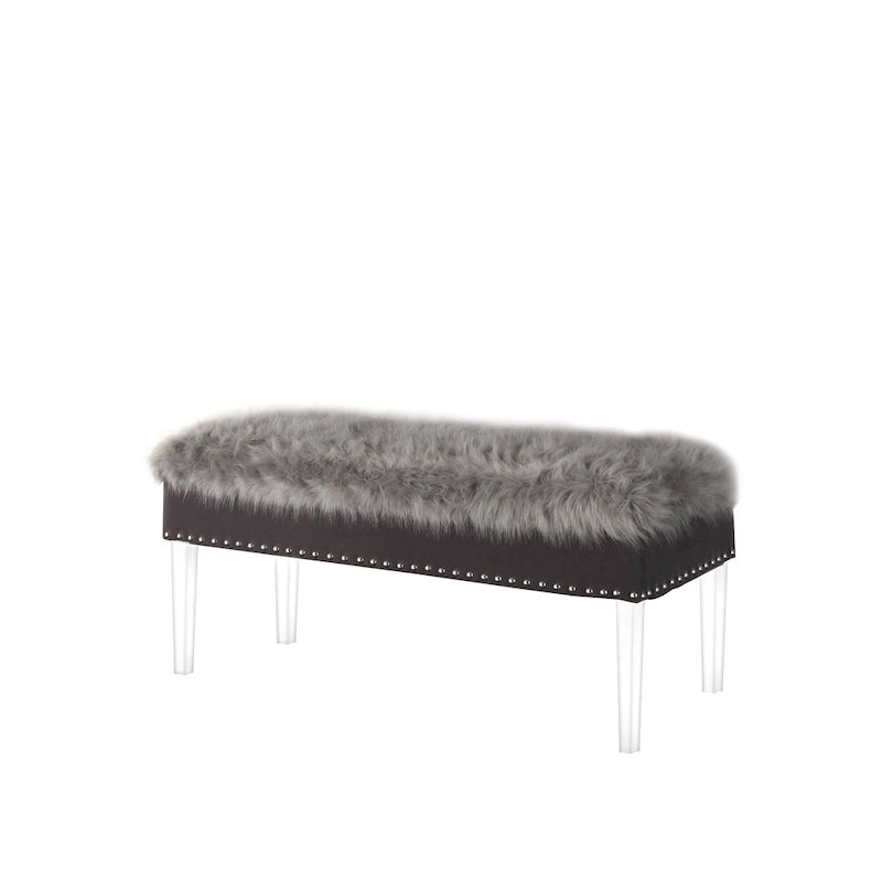 42 Gray and Clear Upholstered Faux Fur Bench with Flip top
