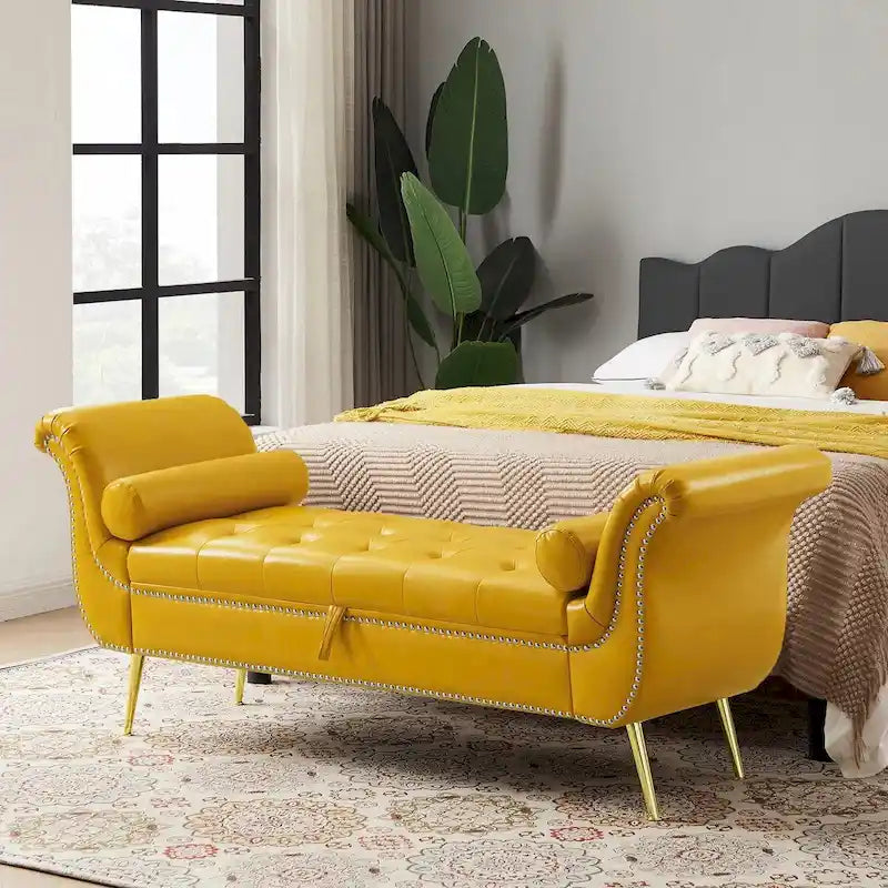 Armed Ottoman Bench PU Leather Bench Button Tufted Sofa Stool Bench Footrest Stoolfor Entryway, Living Room and Window
